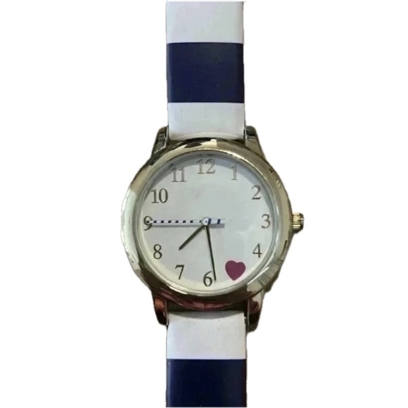 Accessories - 🕰️ Calvin Hill Navy & White Striped Watch – Gold Tone – Heart Detail